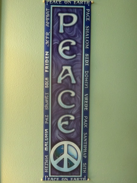 Peace sign affirmation banner - beautiful, silky-soft, printed in full vivid color on sheer, flowing knit polyester. Looks like silk -durable, long-lasting.